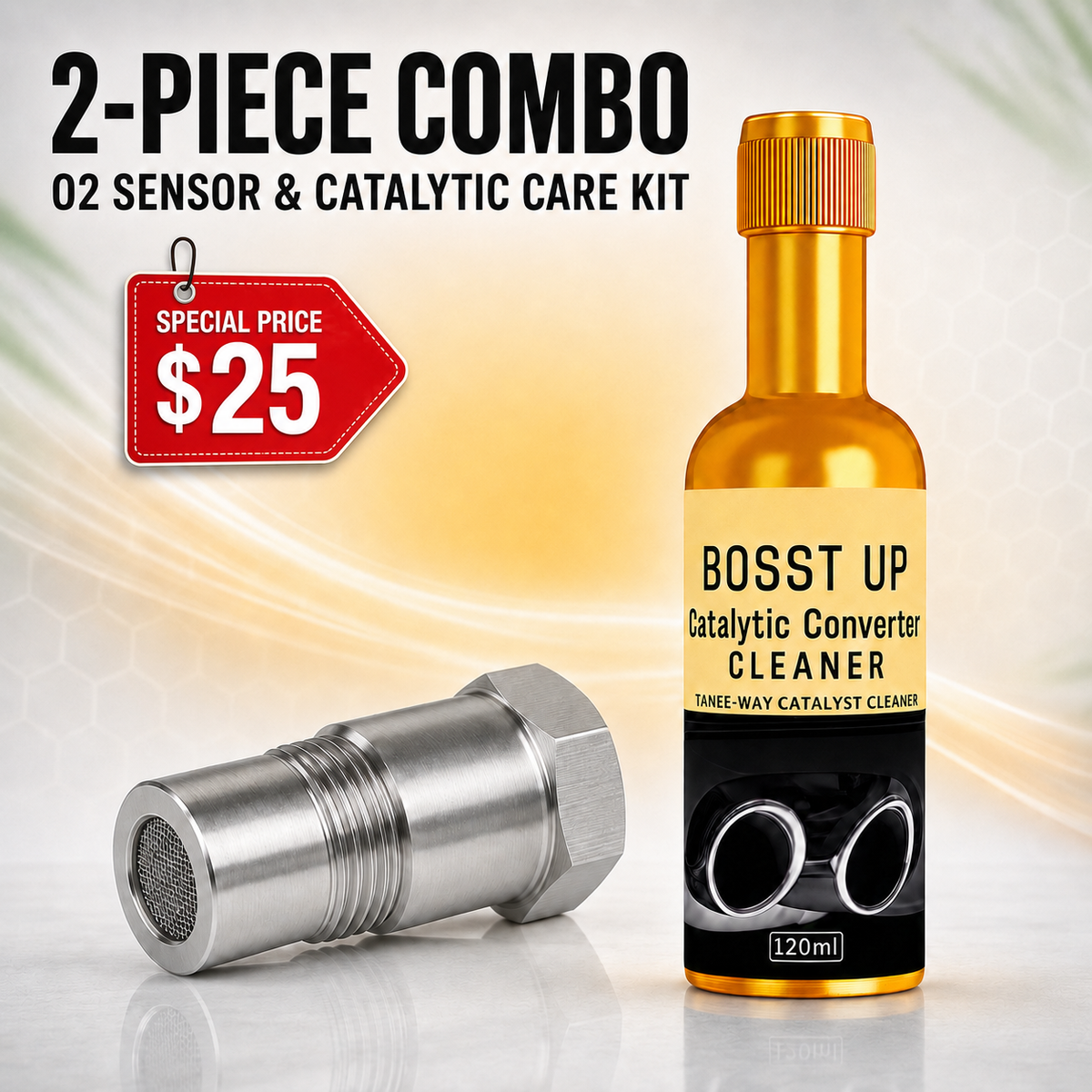 FlowRods two-part exhaust care kit with an O2 sensor spacer and cleaner bottle
